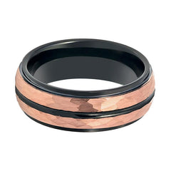 Men's Wedding Band With Rose Gold Hammered Center & Black Groove Tungsten Ring