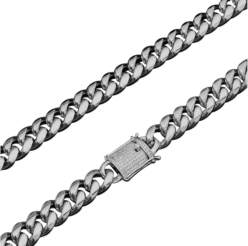 Guild 12mm CZ Stones Rhodium Plated Cuban Steel Chain