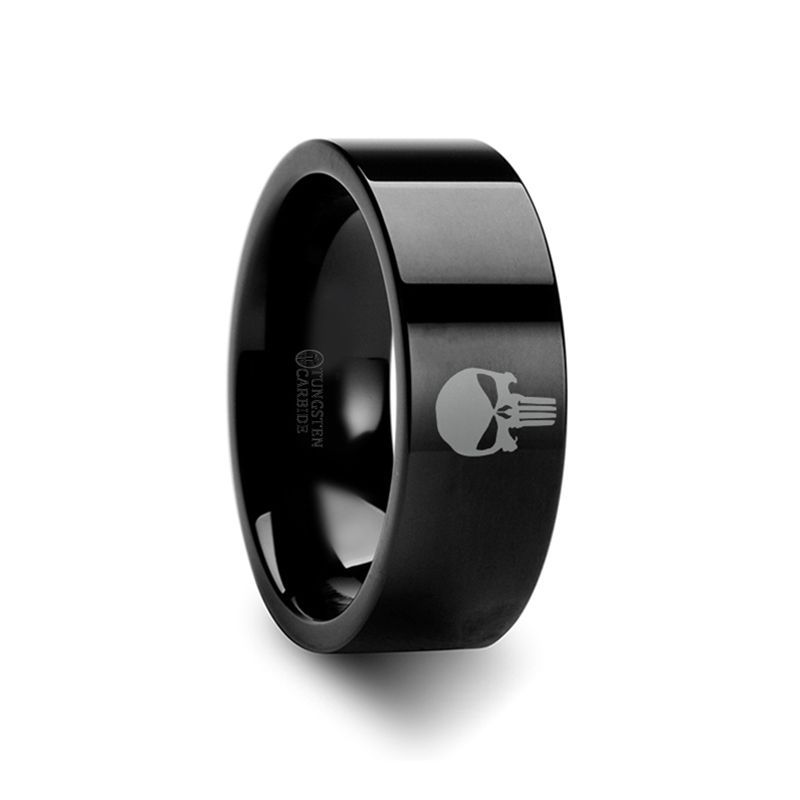 Punisher Symbol Super Hero Black Engraved Tungsten Ring