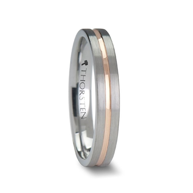 ZEUS Flat Brushed Finish With Rose Gold Plated Groove Tungsten Carbide Ring