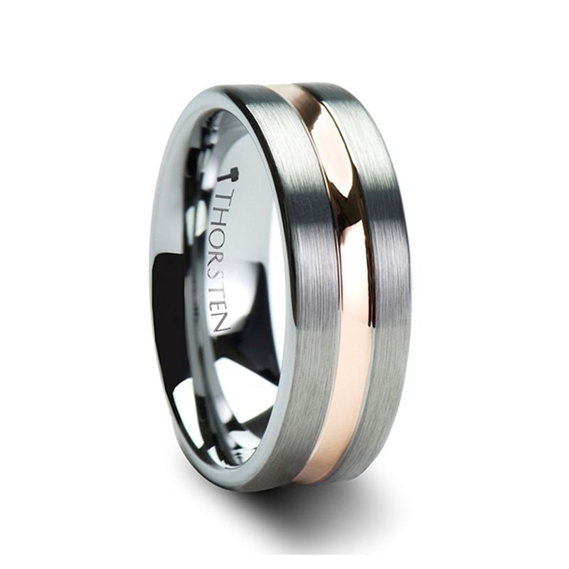 ZEUS Flat Brushed Finish With Rose Gold Plated Groove Tungsten Carbide Ring