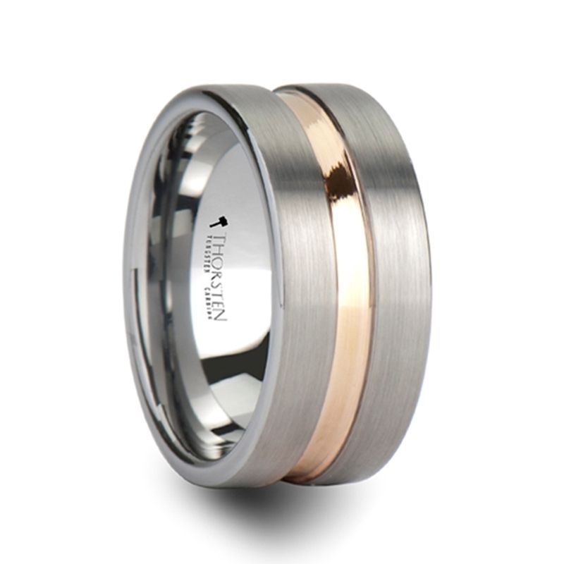 ZEUS Flat Brushed Finish With Rose Gold Plated Groove Tungsten Carbide Ring