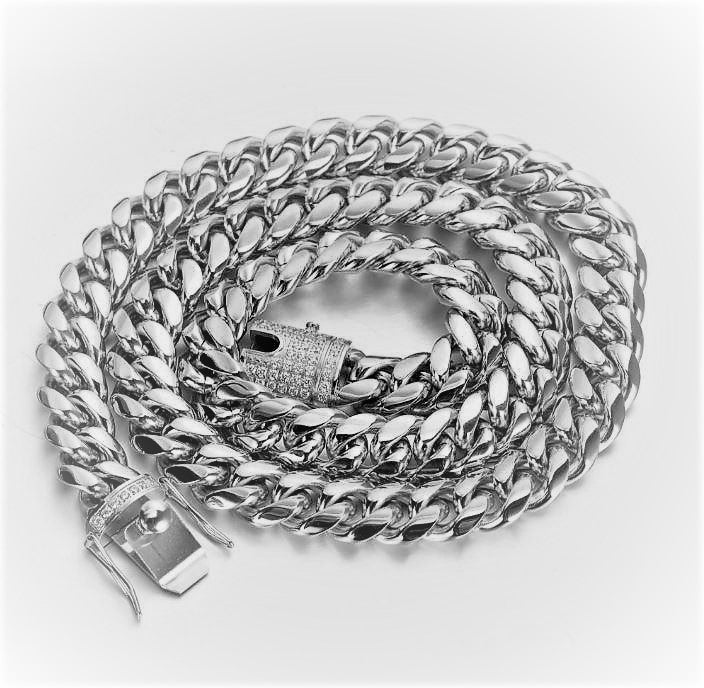 Guild 12mm CZ Stones Rhodium Plated Cuban Steel Chain