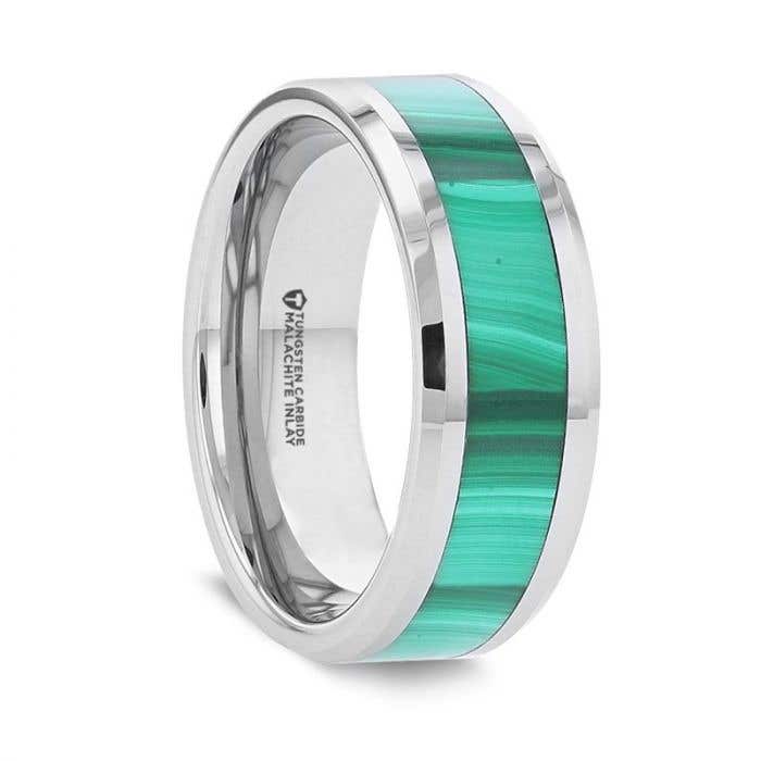 MAHI Malachite Inlay Tungsten Carbide Ring with Polished Beveled Edges - 8mm