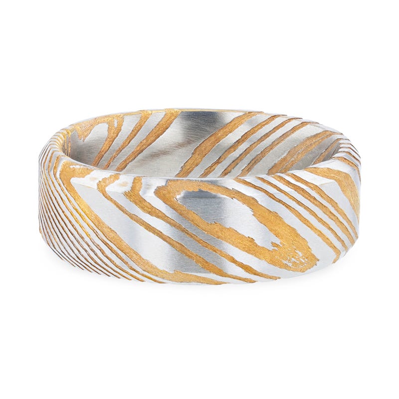 JOFFREY Gold Color Damascus Steel Brushed Beveled Men’s Wedding Band with Repeating Artisan Pattern - 6mm & 8mm