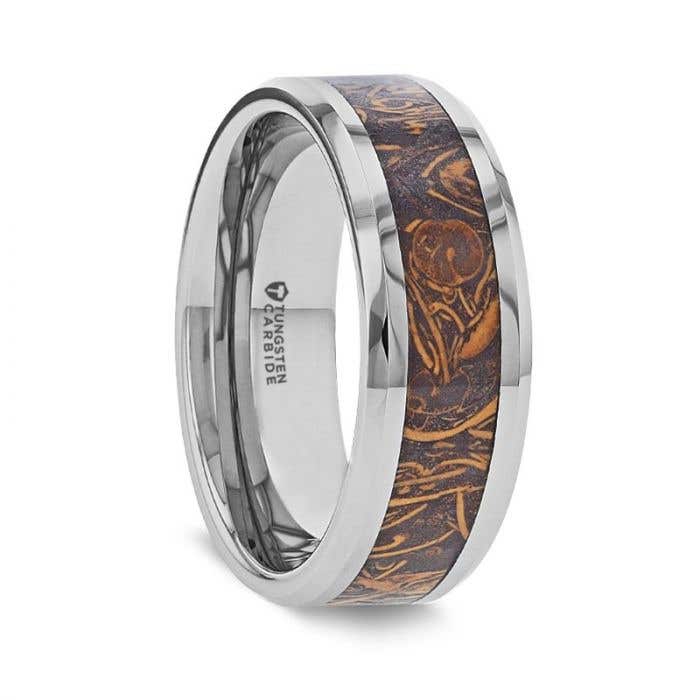 ABBA Men’s Polished Tungsten Wedding Band with Sanskrit Stone Inlay Polished Beveled Edges - 8mm