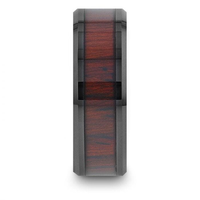 KAI Beveled Black Ceramic Ring with Cocobolo Wood Inlay - 8mm