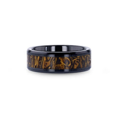 SAHARA Men’s Black Ceramic Wedding Band with Sanskrit Stone Inlay & Polished Beveled Edges - 8mm