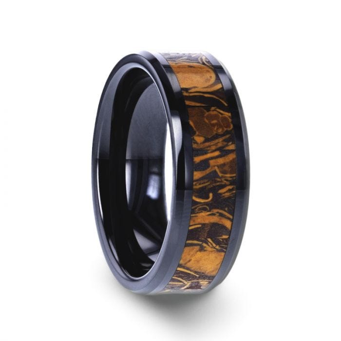 SAHARA Men’s Black Ceramic Wedding Band with Sanskrit Stone Inlay & Polished Beveled Edges - 8mm