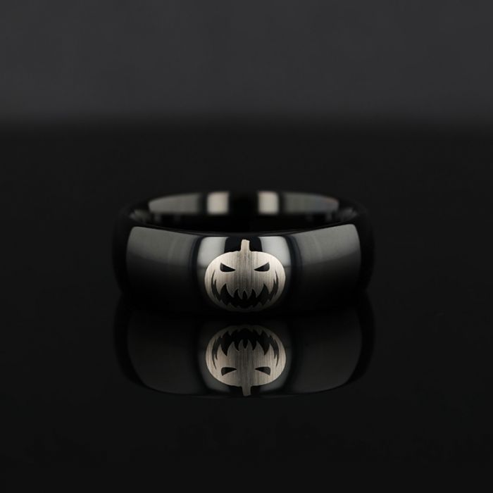 Spooky Evil Halloween Jack-O-Lantern Engraved Domed Black Tungsten Ring (Raven) - 6mm - 12mm