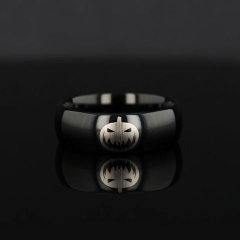 Spooky Evil Halloween Jack-O-Lantern Engraved Domed Black Tungsten Ring (Raven) - 6mm - 12mm