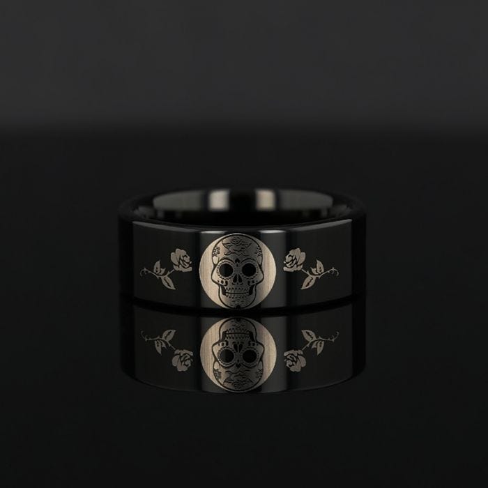 Day of the Dead Skull Engraved Print Flat Polished Black Tungsten Ring (Morpheus) - 6mm - 12mm