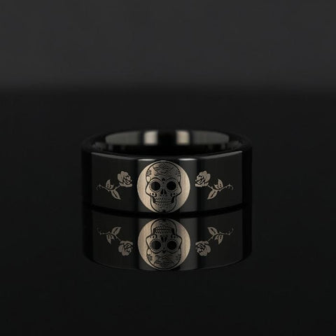 Day of the Dead Skull Engraved Print Flat Polished Black Tungsten Ring (Morpheus) - 6mm - 12mm