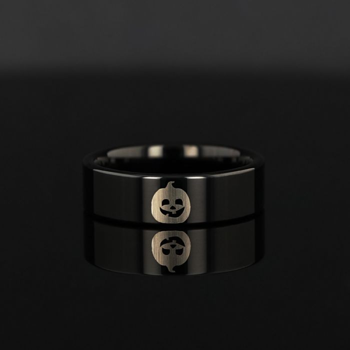 Happy Jack-O-Lantern Engraved Flat Polished Black Tungsten Ring (Morpheus) - 6mm - 12mm