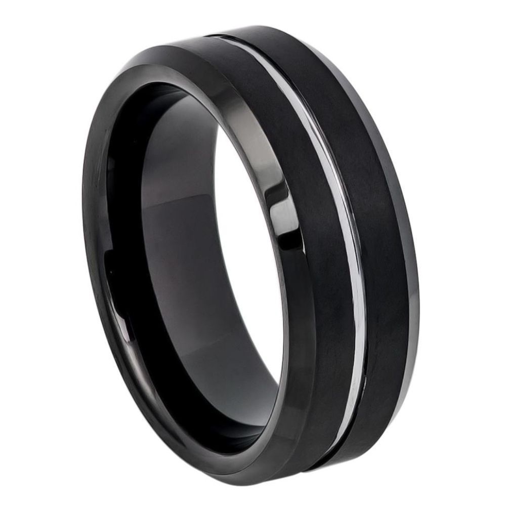 Men's Two Tone Black IP Brushed With Steel Color Grooved Center Beveled Edge 8mm Tungsten Ring