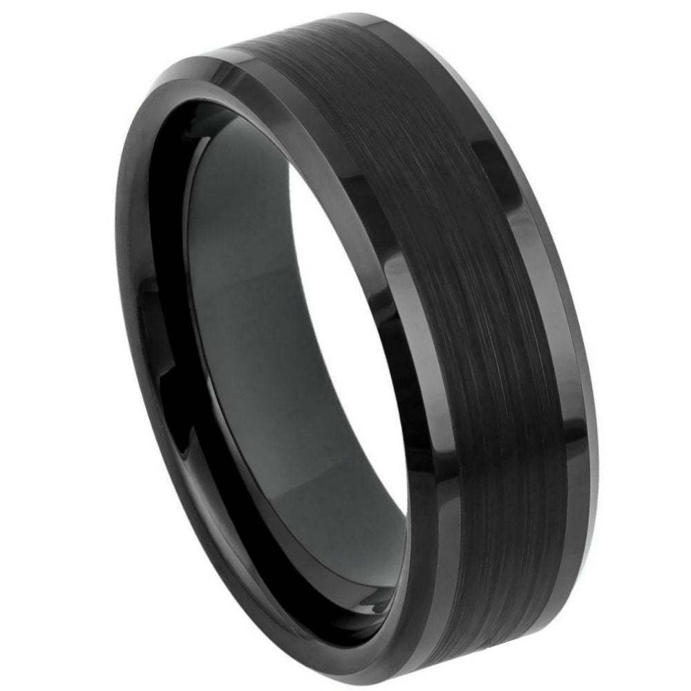 Men's Black IP Plated Brushed Center  Shiny Lines On Each Side Beveled Edge 8mm Tungsten Ring