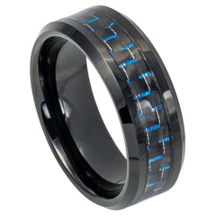 Men's Black IP Plated With Blue & Black Carbon Fiber Inlay Beveled Edge 8mm Tungsten Ring