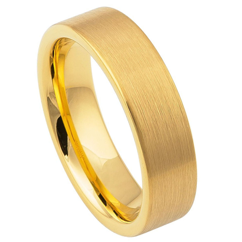 Men's Yellow Gold IP Plated Brushed Pipe Cut Band 6mm Tungsten Ring