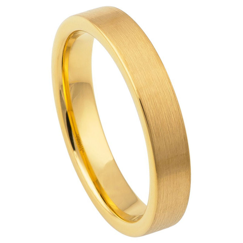 Men's Yellow Gold IP Plated Brushed Polished Flat Pipe 4mm Tungsten Ring