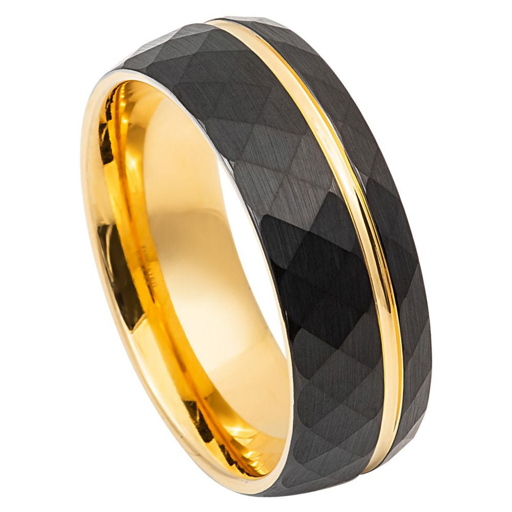 Men's Brushed Yellow Gold & Faceted Black IP Plated Off Center Groove 8mm Tungsten Ring