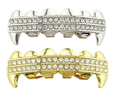 Hip Hop Iced Out Fangs Teeth Grillz In Rhodium And Gold Plated