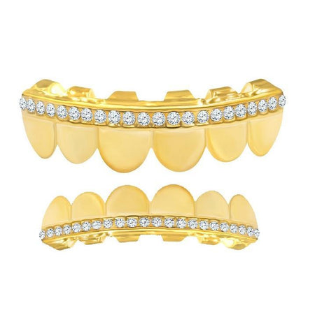 Hip Hop 1-Line 14K Yellow Gold Wit CZ Stones Grillz