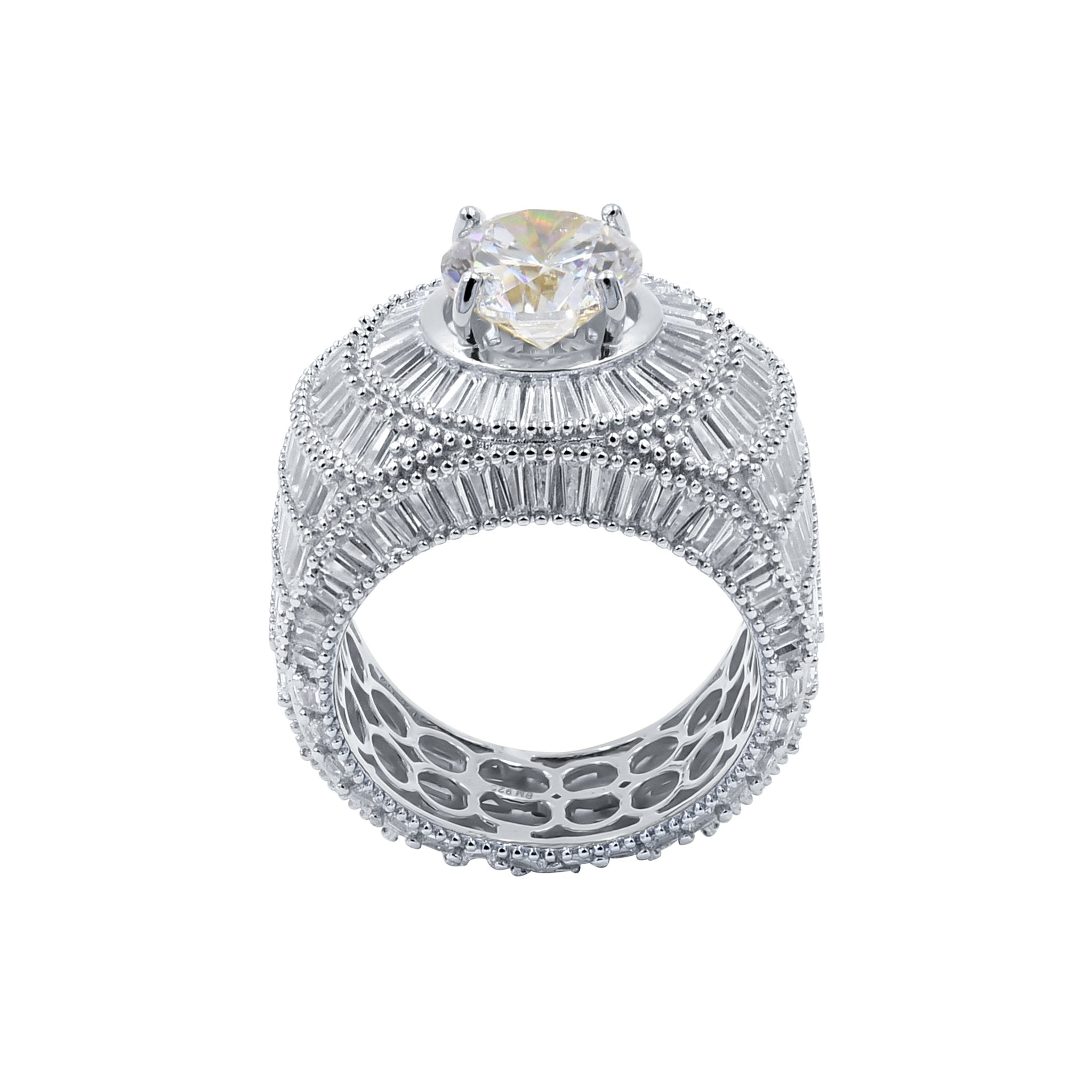 Ethereal Big Solitaire Stone Rhodium Plated Silver Ring With CZ Stones