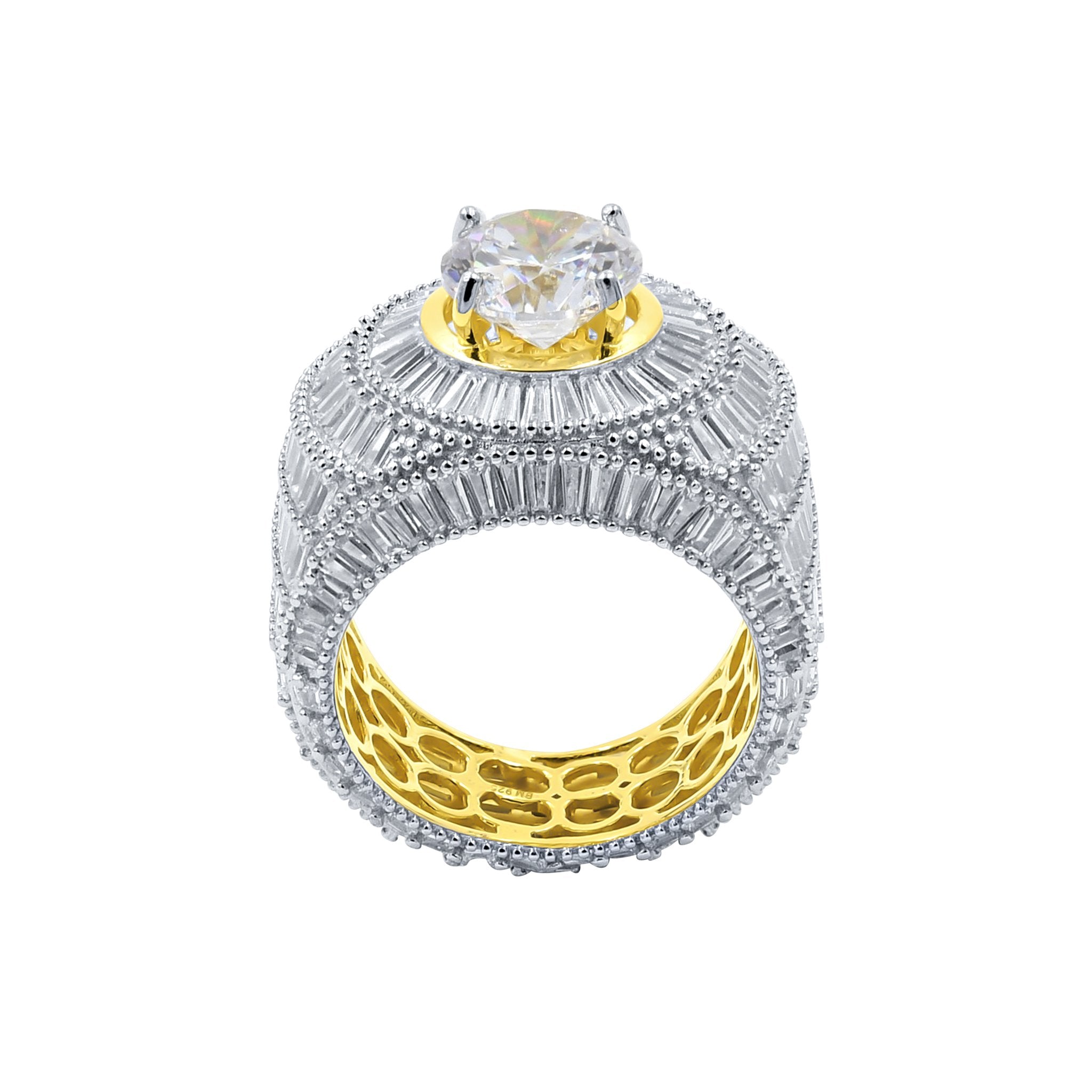 Ethereal Big Solitaire Stone 14K Yellow Gold Plated Silver Ring With CZ Stones