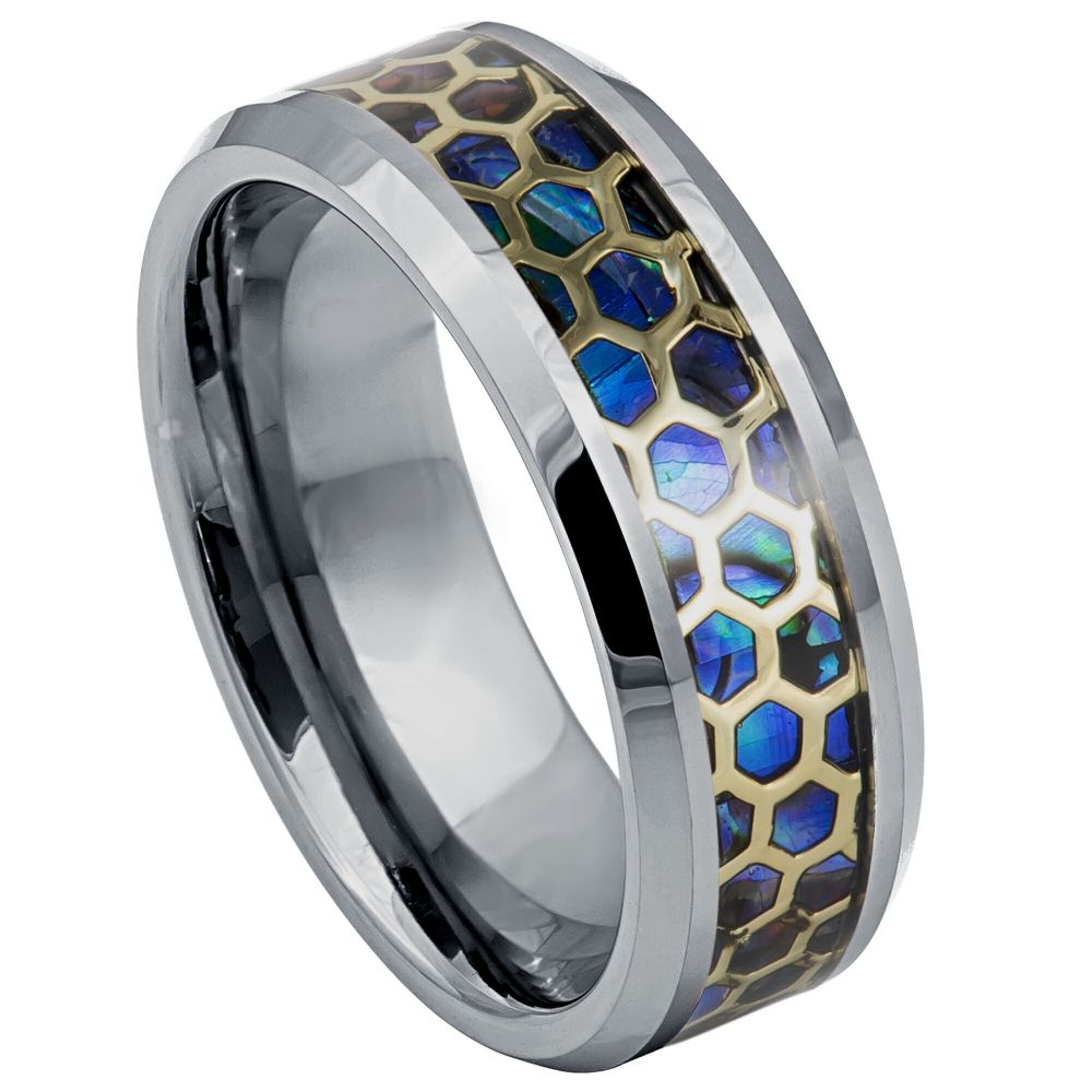 Men's Honeycomb Cut Out Over Abalone Inlay Beveled Edge 8mm Tungsten Ring