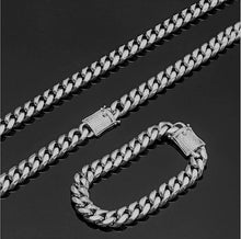 Guild 12mm CZ Stones Rhodium Plated Cuban Steel Chain