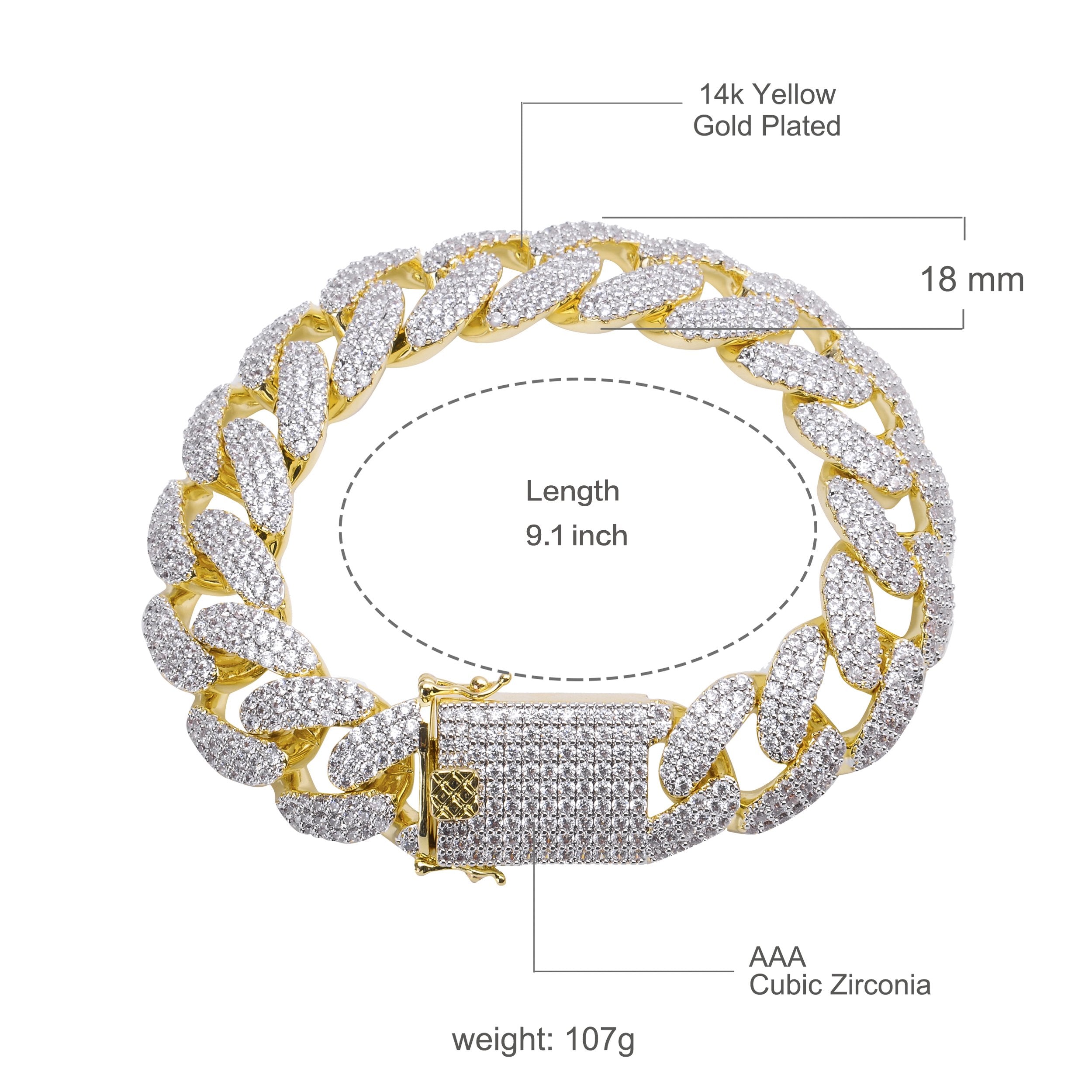 Cuban Curb Chain Iced Out Bracelet 18MM Gold and Silver Plated Simulated Diamond CZ Pave, Cuban Miami Cuban Chain Bracelet, Cuban Jewelry