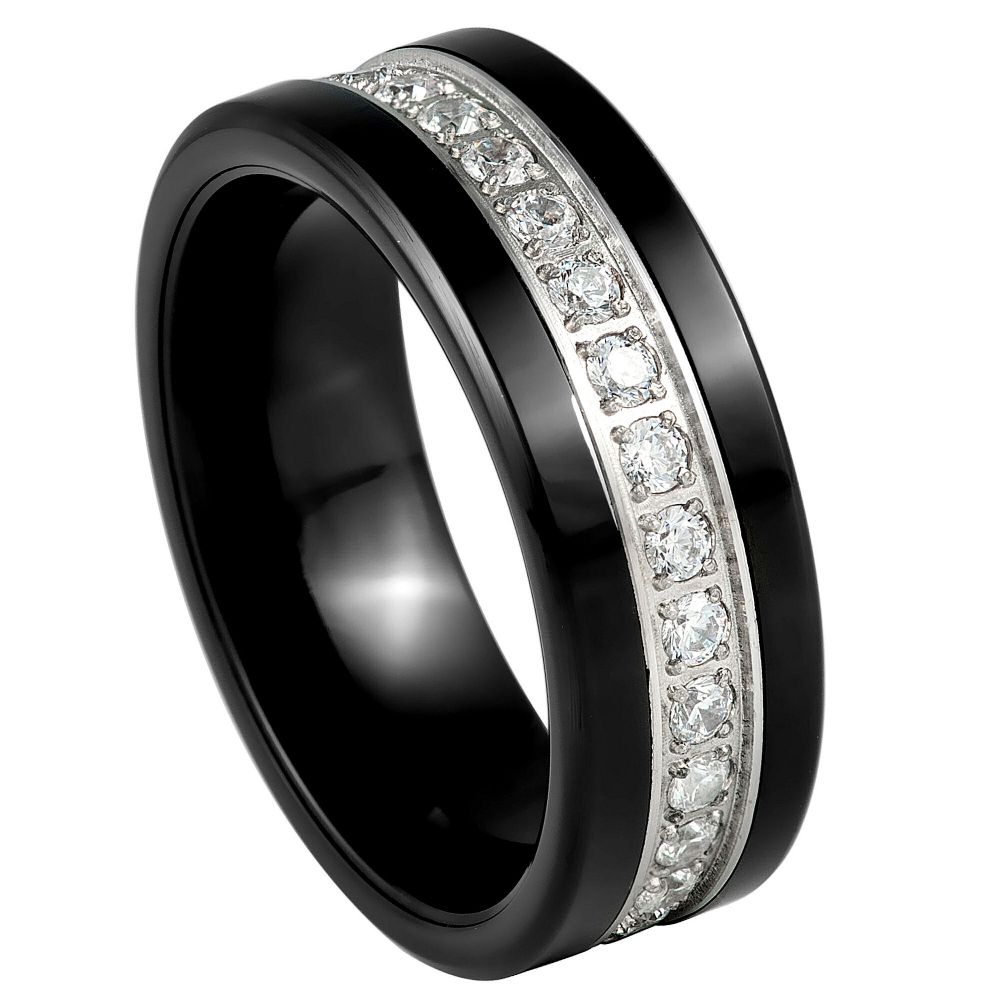 Men's Black IP Plated Prong Set Round Cut White CZ Eternity 8mm Tungsten Ring