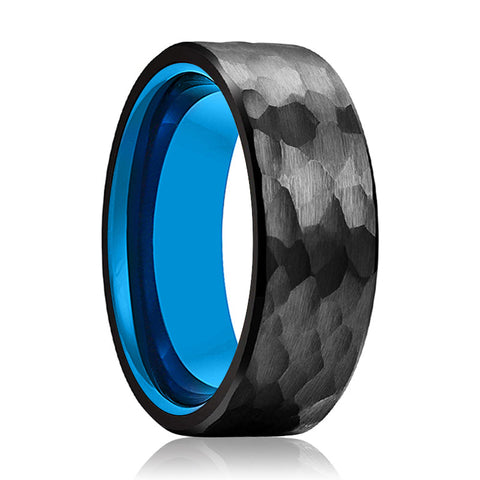 KAILANI | Blue Tungsten Ring, Black Hammered Tungsten