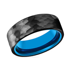 KAILANI | Blue Tungsten Ring, Black Hammered Tungsten