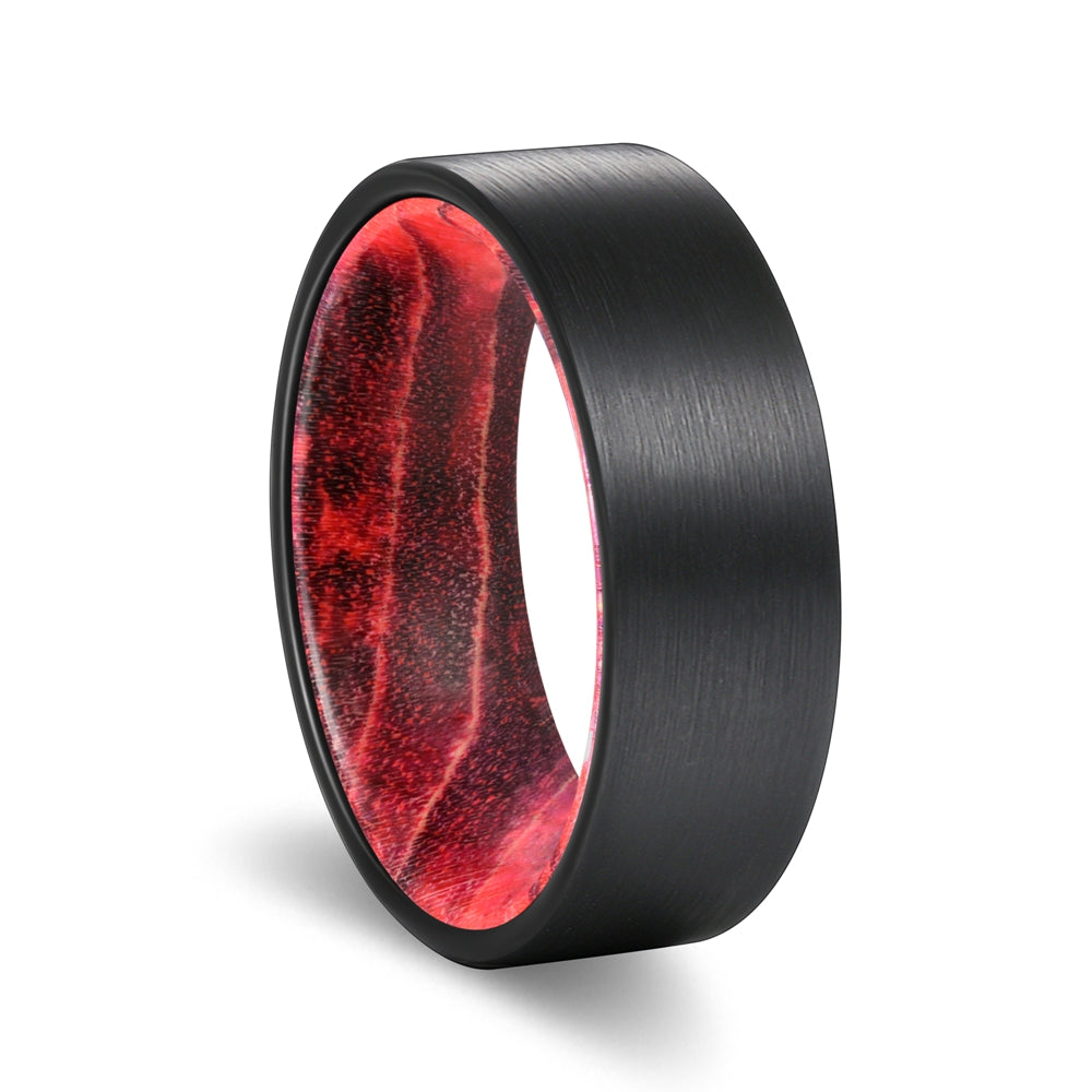 BARK | Black & Red Wood, Black Flat Brushed Tungsten Rings