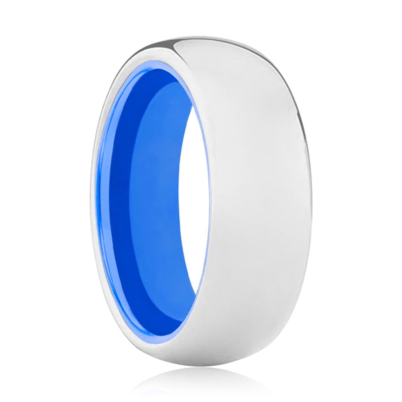 OCEAN | Blue Silver Shiny Domed White Tungsten Ring