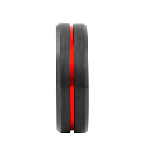 BUGATTI | Red Black Red Groove Beveled Edges Tungsten Ring