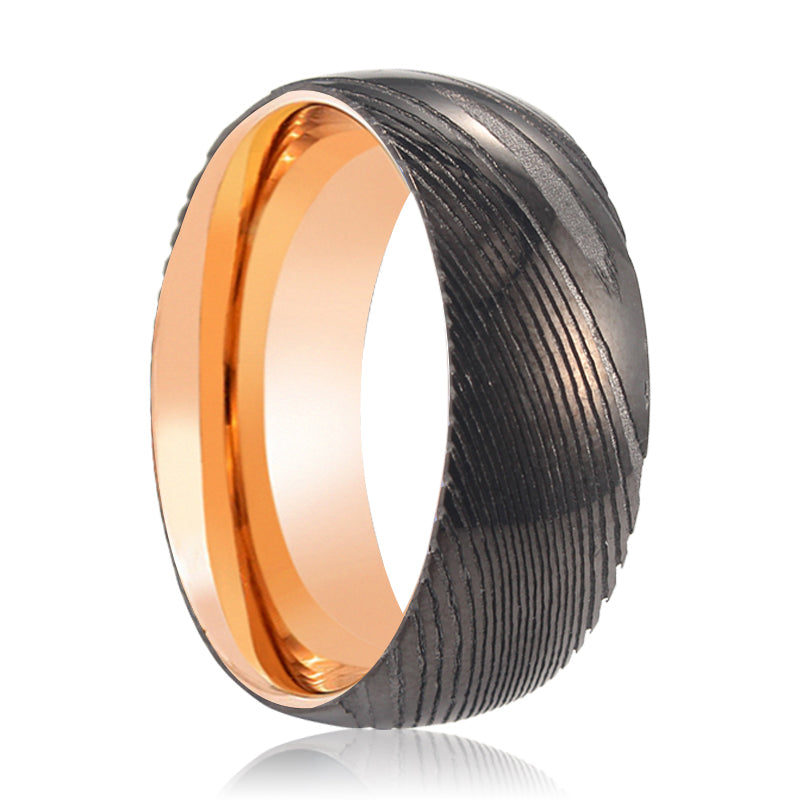 BLAZING | Gunmetal Damascus Rose Gold Steel Ring