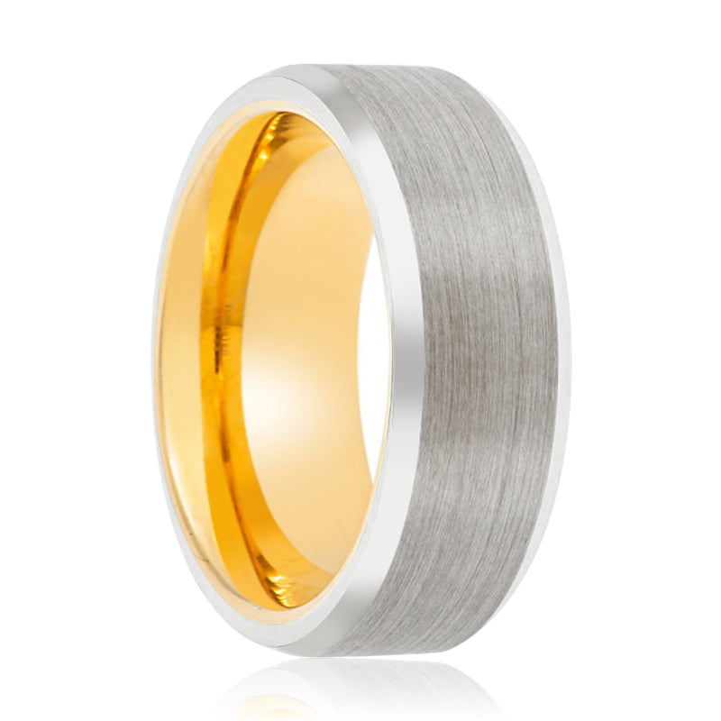 APHIS | Gold Silver Brushed Beveled Edges Tungsten Ring