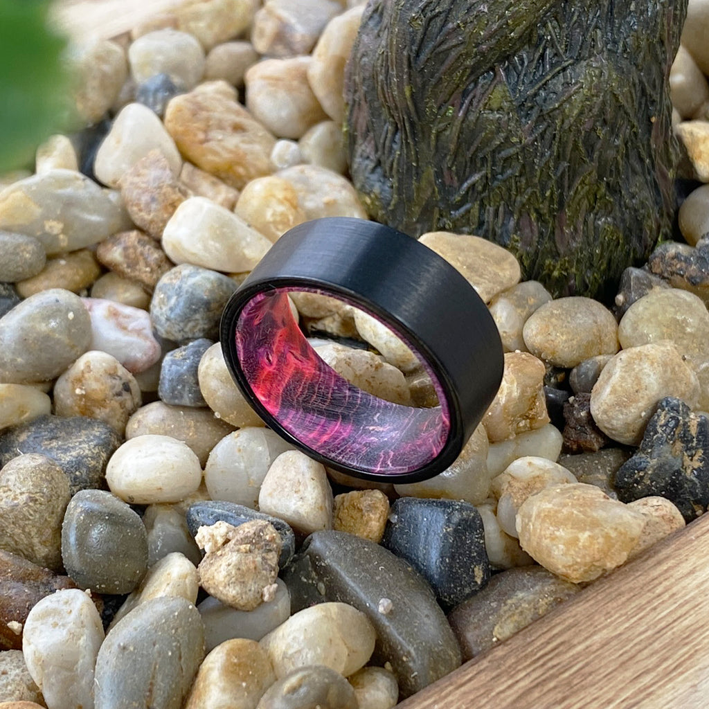 BARK | Black & Red Wood, Black Flat Brushed Tungsten Rings