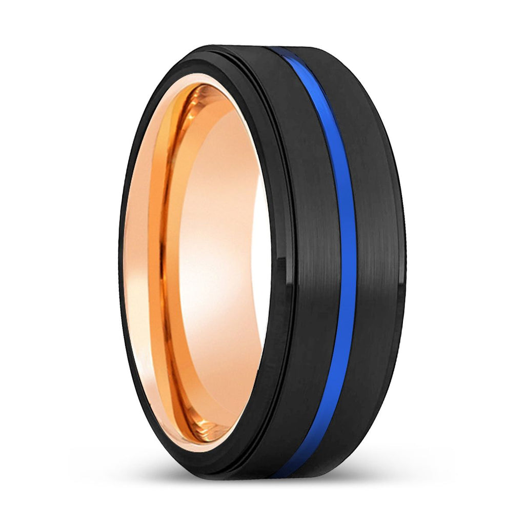 HIGA | Rose Gold & Black Stepped Edge Blue Groove Tungsten Ring