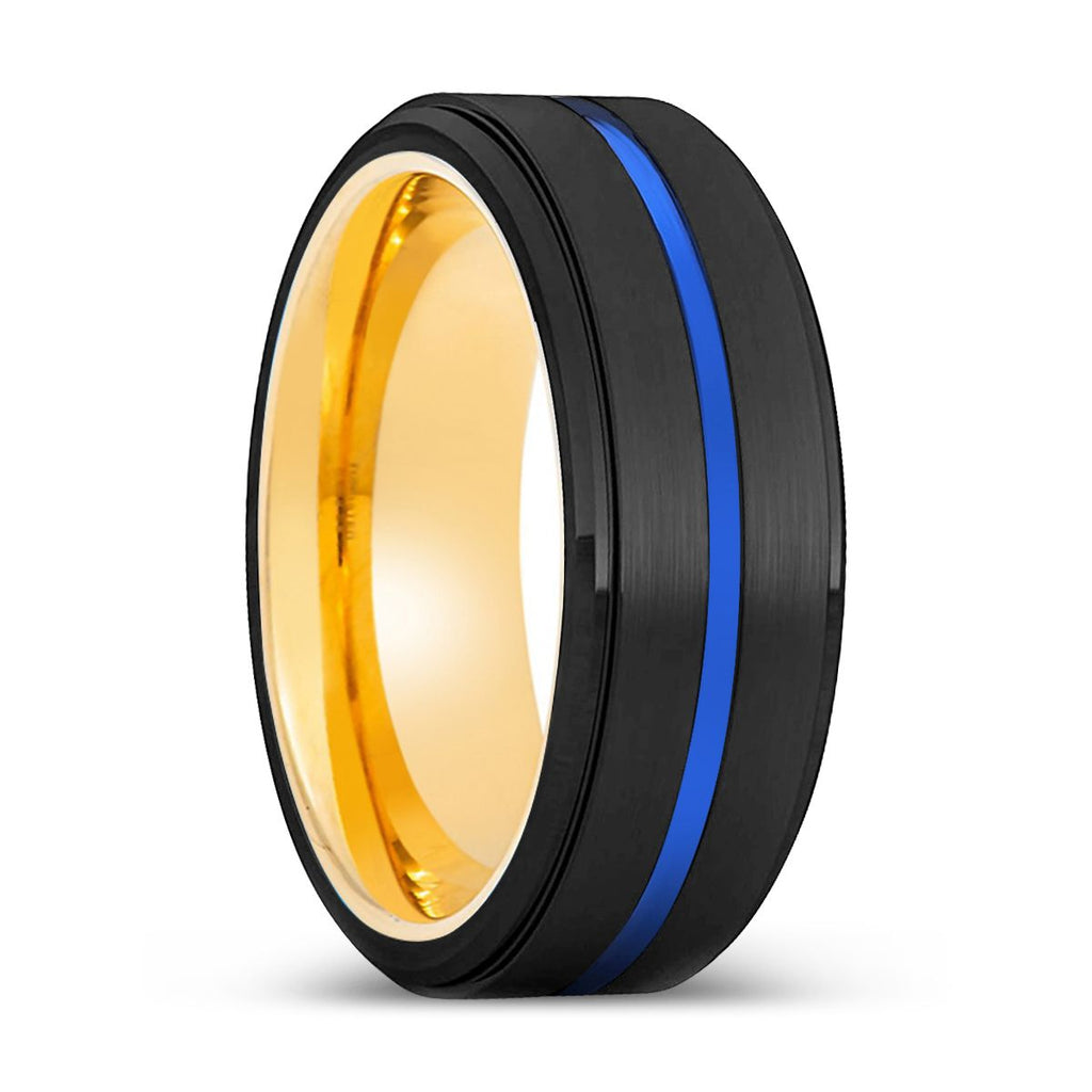 YASH | Gold Black Stepped Edge Blue Groove Tungsten Ring