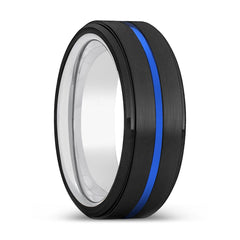 YOSHII | Silver Black Stepped Edge Blue Groove Tungsten Ring