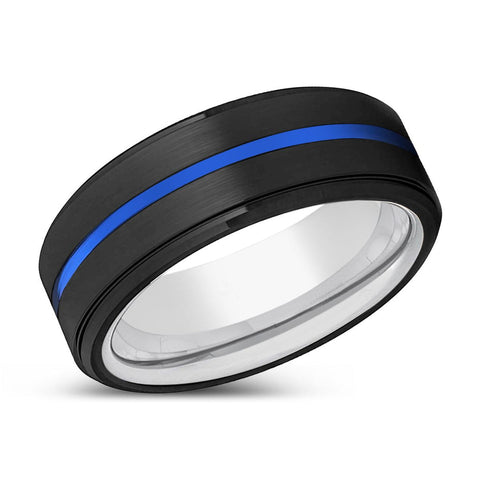 YOSHII | Silver Black Stepped Edge Blue Groove Tungsten Ring