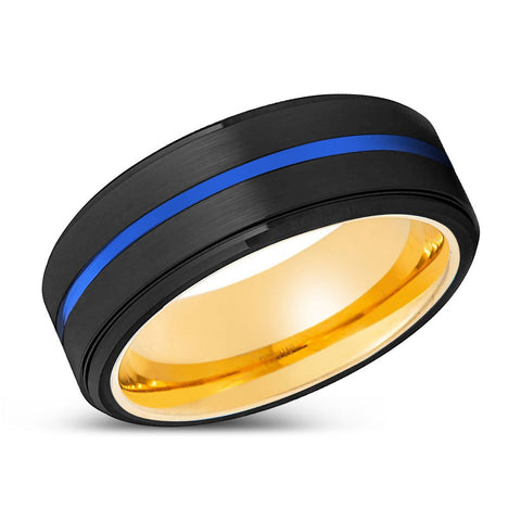 YASH | Gold Black Stepped Edge Blue Groove Tungsten Ring