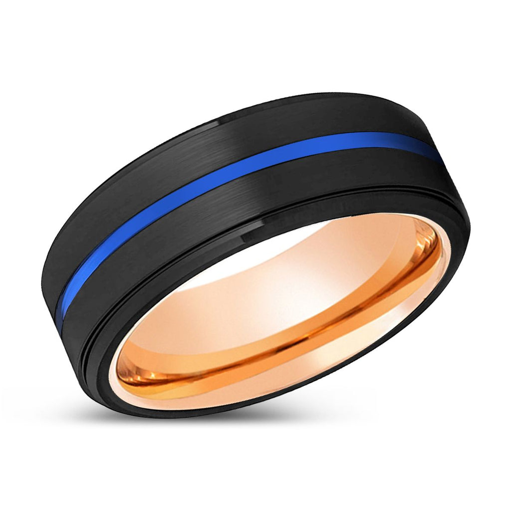 HIGA | Rose Gold & Black Stepped Edge Blue Groove Tungsten Ring