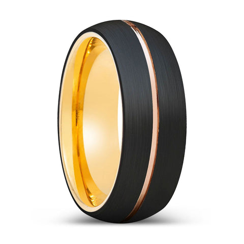 LUCENT | Gold Black Domed Rose Gold Groove Tungsten Ring