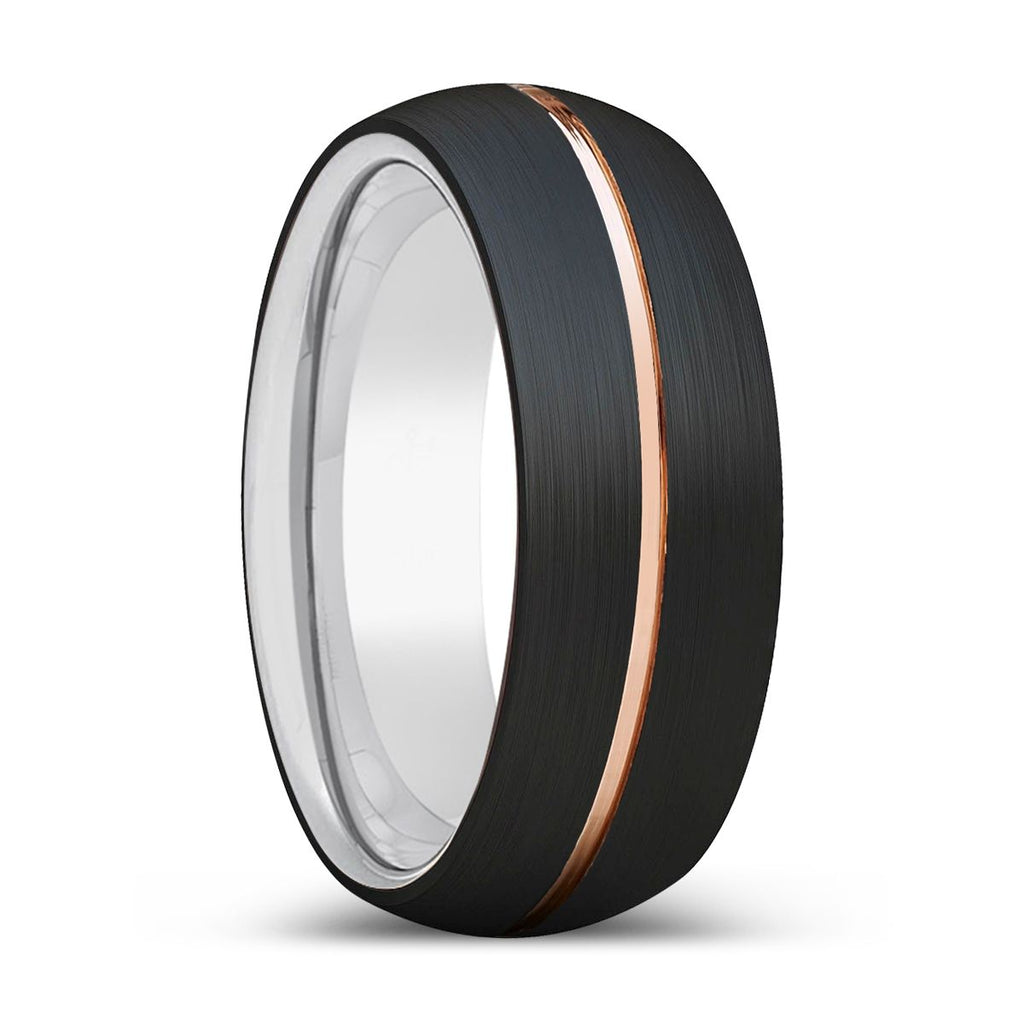 TRIBUTARY | Silver Black Domed Rose Gold Groove Tungsten Ring