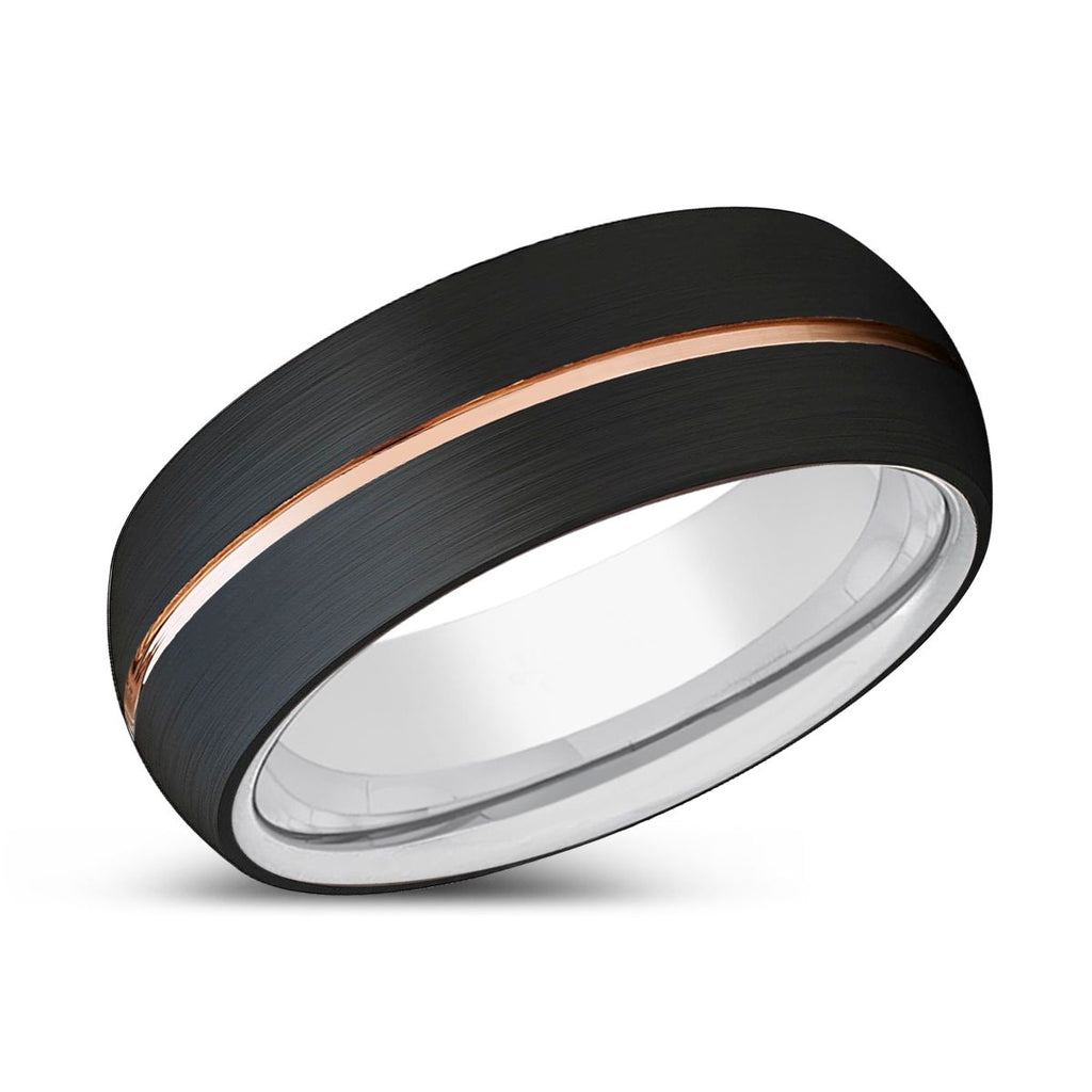 TRIBUTARY | Silver Black Domed Rose Gold Groove Tungsten Ring