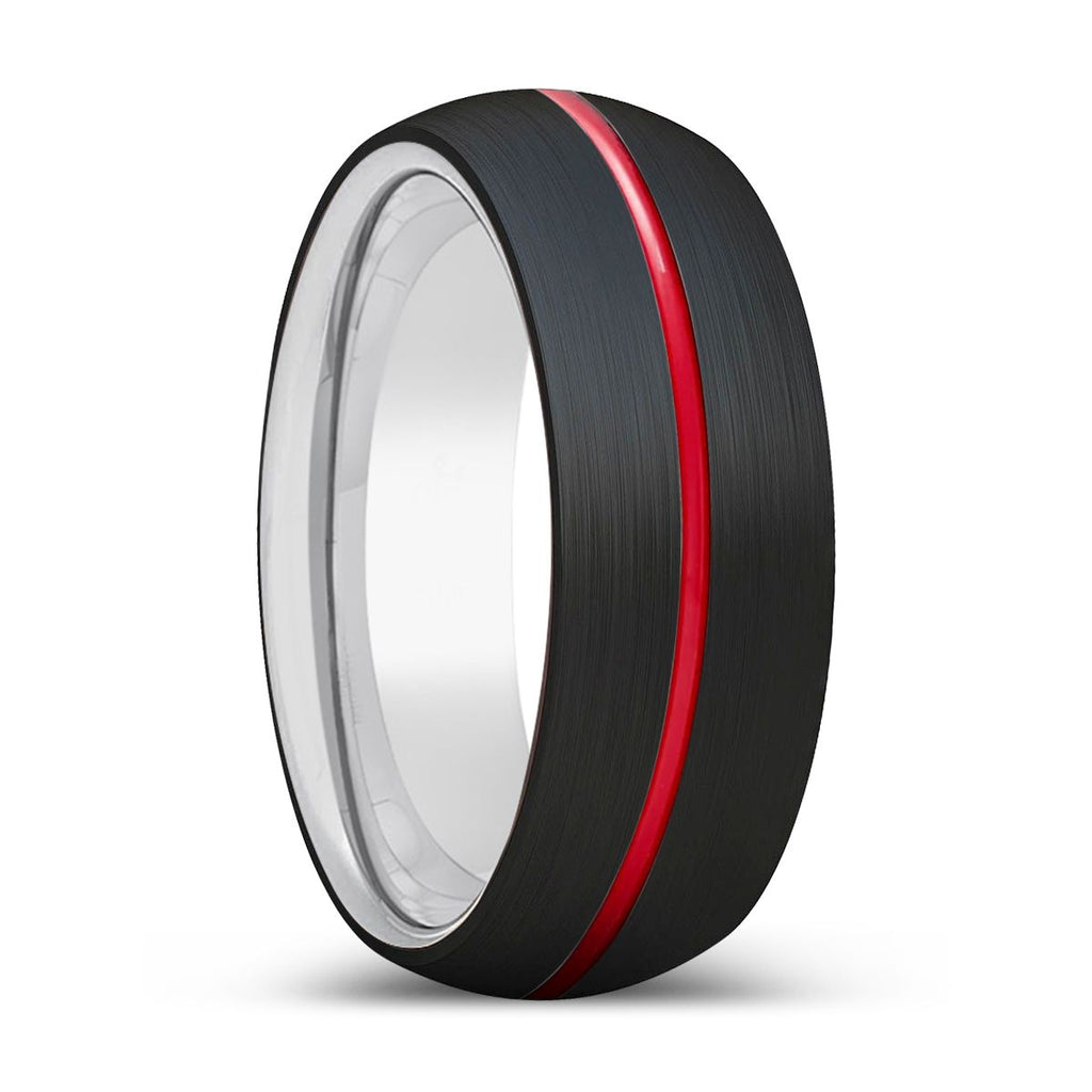 MACHO | Silver Black Domed Red Groove Tungsten Ring